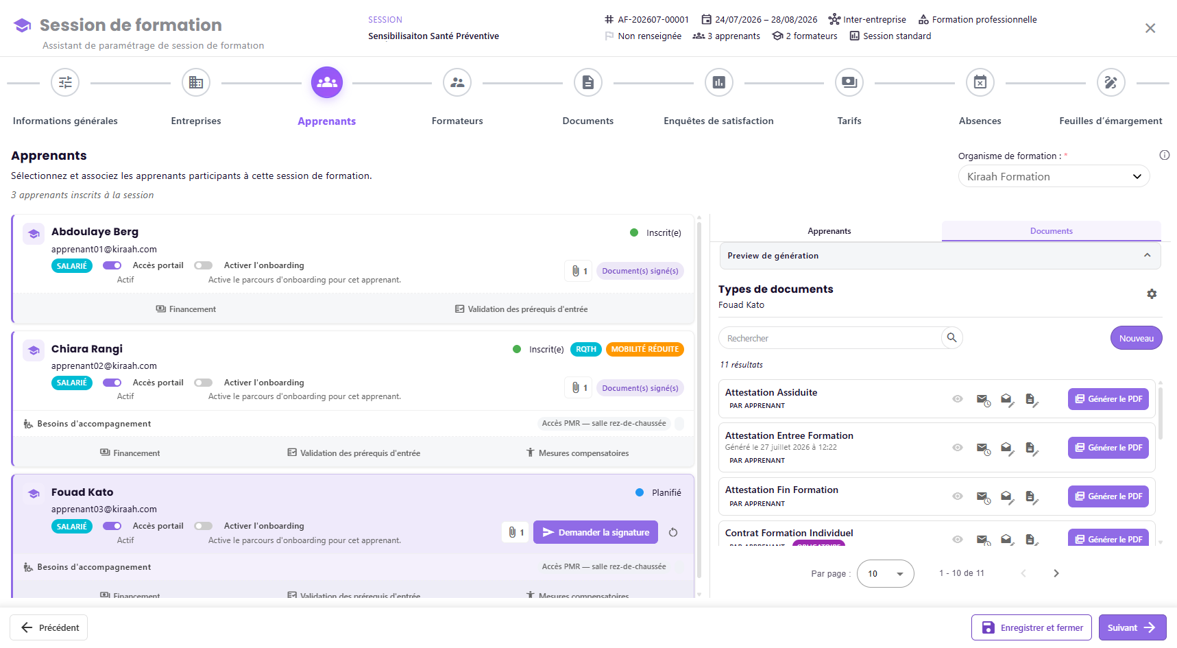 Suivi des documents, signatures et manquants